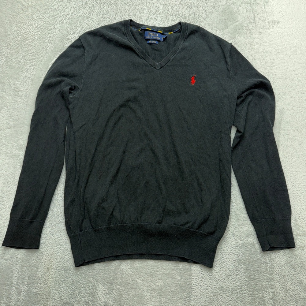 Polo Ralph Lauren Sweater Mens Small Black Pima Cotton V-Neck Pony Logo Knit